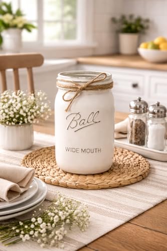Ivory Painted Mason Jar | Vase for Flowers | 32 oz Quart Wide Mouth | 7" Height | Rustic Farmhouse Decor | Boho Decor | Kitchen Utensil Holder | Off White Vase | Flower Vase for Bouquet