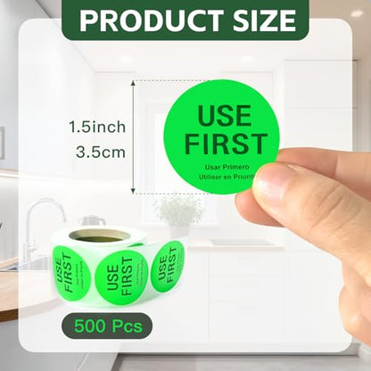 500 Pcs 1.5 Inch Use First Stickers Food Service Roll, Risepekt Green FIFO Label for Restaurant Inventory Control Management, Permanent Super Adhesive Food Circle Dot Labels, Trilingual Product Labels - color: Green Fifo Labels