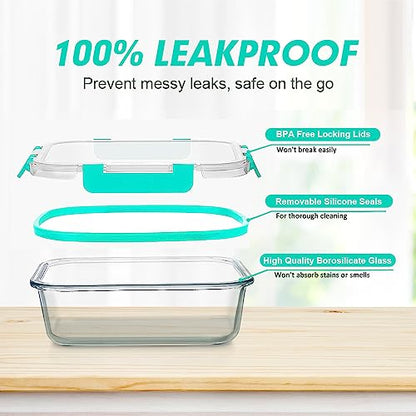 VERONES 12 Packs Glass Food Storage Containers Set, Airtight Glass Lunch Containers, Glass Meal Prep Containers with Lids,Exclusive of BPA, for Microwave, Oven, Freezer & Dishwasher Friendly,Green - color: Green-24