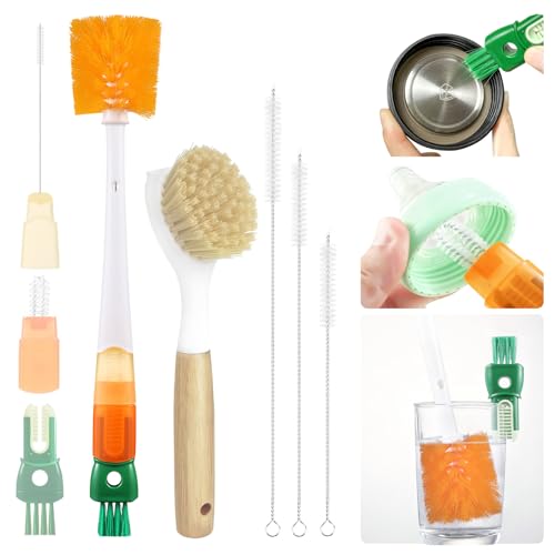 XYFuuee 5 Pack Dish Bottle Brush Set with 5-in-1 Cup Cleaning Brush, Dish Scrub Long Handle Brush with Scraper Tip, 3 Straw Cleaner Brushes, Washing Kitchen Sink Pot Pan Water Bottle Stove - color: Orange