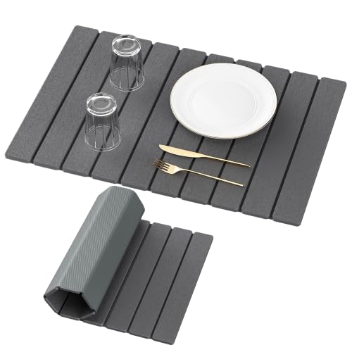 Yofidra Large Stone Dish Drying Mat for Kitchen Counter, Quick Dry Stone Mats with Absorbent Diatomaceous Earth, Foldable Roll Up Drying Organizer Pad for Utensils Plate, 24"×16", Dark Gray - color: Dark Gray