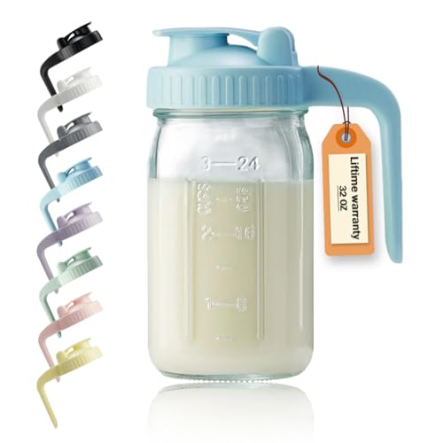 32oz Glass Pitcher with Lid & V-shaped Pour Spout - 1 Quart Breastmilk Pitcher Double Leak Proof, Creamer Container for Sun Tea, Juice, Cold Brew Coffee, Breastmilk Storage Container - color: Blue, size: 32 Ounces