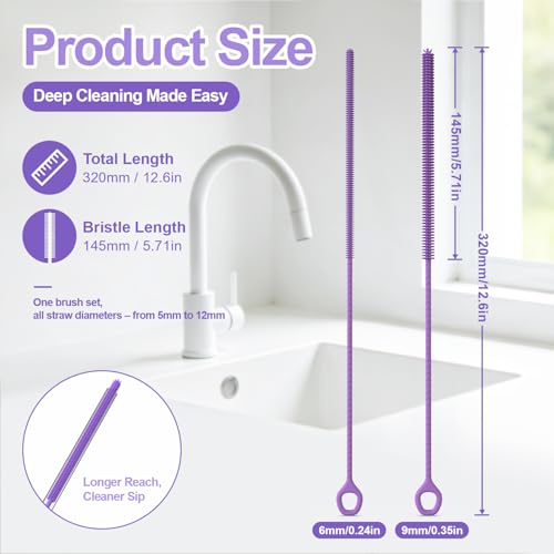 YOTIME Straw Cleaner Brush Extra Long 12.6 inch, 2Pcs Reusable Silicone Straw Brush for Sippy Cup, Water Bottle and Tubes, 6mm+9mm, Purple - color: Purple