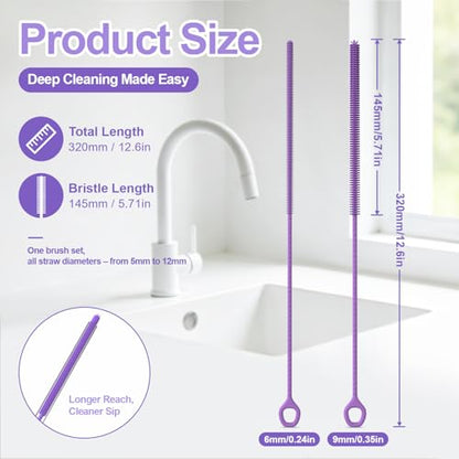 YOTIME Straw Cleaner Brush Extra Long 12.6 inch, 2Pcs Reusable Silicone Straw Brush for Sippy Cup, Water Bottle and Tubes, 6mm+9mm, Purple - color: Purple