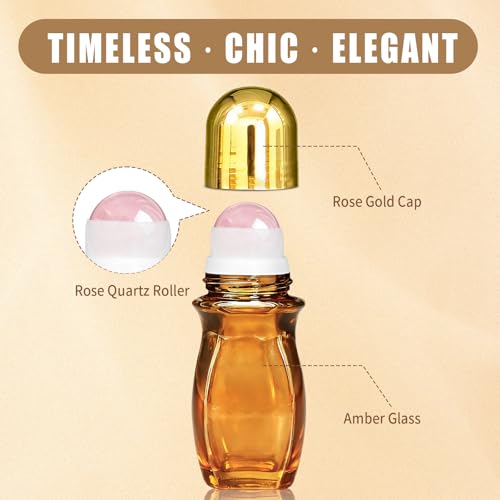 Rose Quartz Roller Bottles for Essential Oils, 50ml Refillable Waist Amber Glass Roll On Bottles with Natural Crystal Roller Balls, Leak-Proof Travel Perfume Bottle with Gold Caps - size: 1 Pack