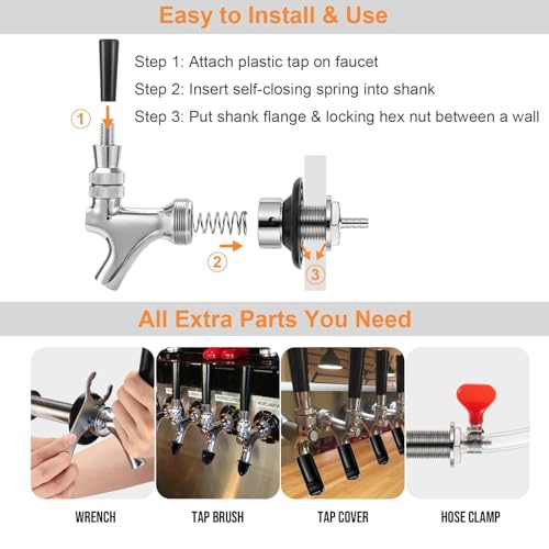1-1/2'' Draft Beer Faucet Shank, 1/4'' Beer Line Barb No Leak No Drip No Stick Stainless Core Kegerator Brew Tap Beer Shank Dispenser Self-Closing Spring Tap Brush Spanner Wrench Hose Clamp - size: 1-1/2''