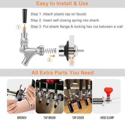 1-1/2'' Draft Beer Faucet Shank, 1/4'' Beer Line Barb No Leak No Drip No Stick Stainless Core Kegerator Brew Tap Beer Shank Dispenser Self-Closing Spring Tap Brush Spanner Wrench Hose Clamp - size: 1-1/2''