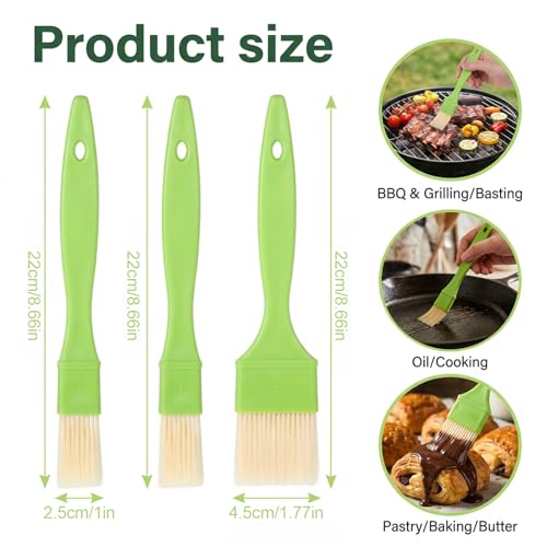 3 Pcs Pastry Brush Set – Heat Resistant Bristle Basting Brushes for Cooking | Kitchen Food Brush for Baking, Grilling, Spreading Oil, Butter, BBQ Sauce, Marinade (1/1/2 inch, Green)