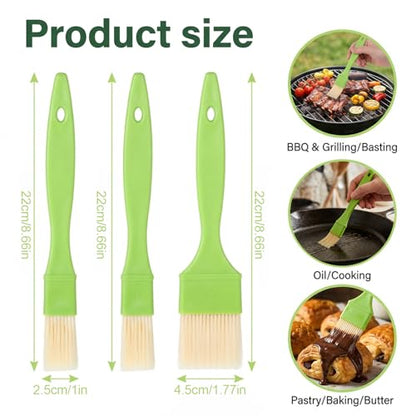 3 Pcs Pastry Brush Set – Heat Resistant Bristle Basting Brushes for Cooking | Kitchen Food Brush for Baking, Grilling, Spreading Oil, Butter, BBQ Sauce, Marinade (1/1/2 inch, Green)