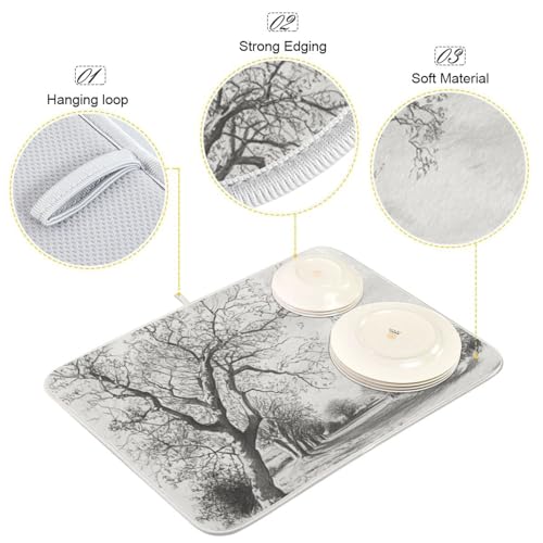 Bare Trees Gray Dish Drying Mat for Kitchen Counter Super Absorbent Draining Mat with Non-slip Backed Sink Tray Mat for Dish Bottles Cups Bowl Countertops Sinks Draining Racks