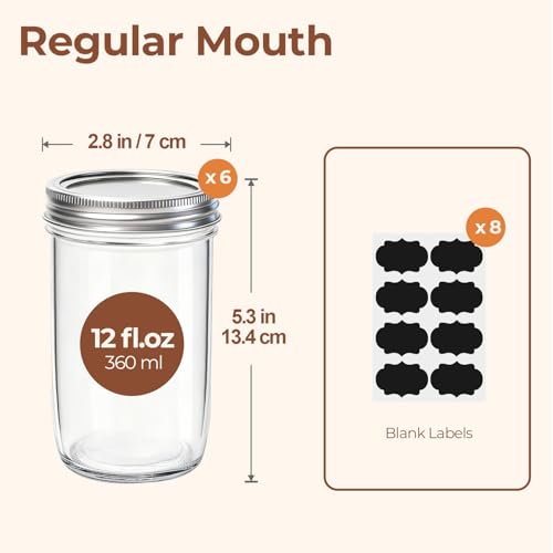 ComSaf 12 oz Mason Jars, 6 Pack Regular Mouth Glass Jars with Lids | BPA-Free Materials, Juice, Pickles, Sauces, Desserts, Overnight Oats, Medium Portions - size: 12oz*6 regular mouth