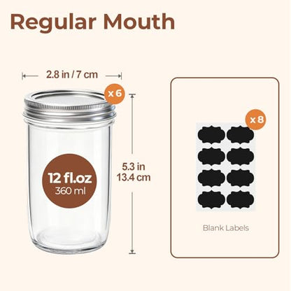 ComSaf 12 oz Mason Jars, 6 Pack Regular Mouth Glass Jars with Lids | BPA-Free Materials, Juice, Pickles, Sauces, Desserts, Overnight Oats, Medium Portions - size: 12oz*6 regular mouth