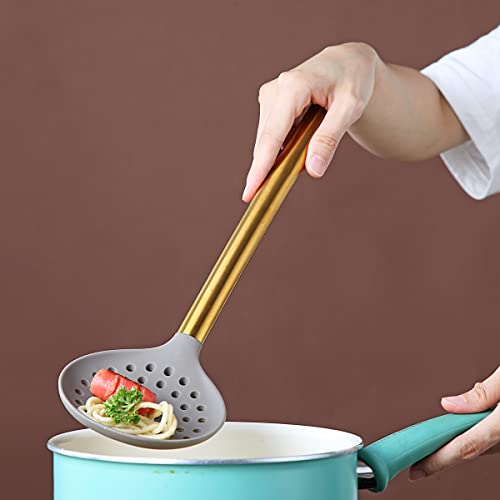Gold Skimmer, Berglander Non-stick Silicone Strainer With Titanium Gold Plating handle, Kitchen Cooking Skimmers For Non-Stick Cookware, Dishwasher Safe, Easy to Clean - style: h. Skimmer