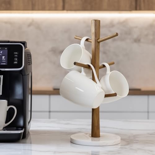 Buruis Wood Mug Holder, Marble Base Cup Rack Tree, Mug Stand Hanger, Kitchen Coffee Tree Countertop Tea Holder Stand, Coffee Cup Dryer with 6 Hooks (Round Base White) - color: Round Base White