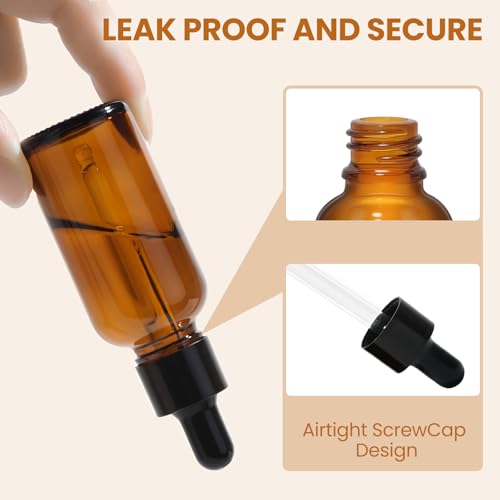 UPBUD 50 Pack 1oz Amber Glass Dropper Bottles Leakproof with Funnels, Eye Droppers, Extra Caps, Labels - Refillable UV 30ml Empty Bottles for Tinctures, Essential Oils, Perfume, Beard, Hair Oil - color: Amber-black-1oz, size: 1oz