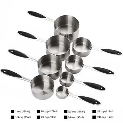 Measuring Cups and Spoons Set Stainless Steel Includes 8 Heavy Duty Measuring Cups 8 Double Sided Magnetic Measuring Spoons and 1 Leveler for Dry and Liquid Ingredients - color: black T