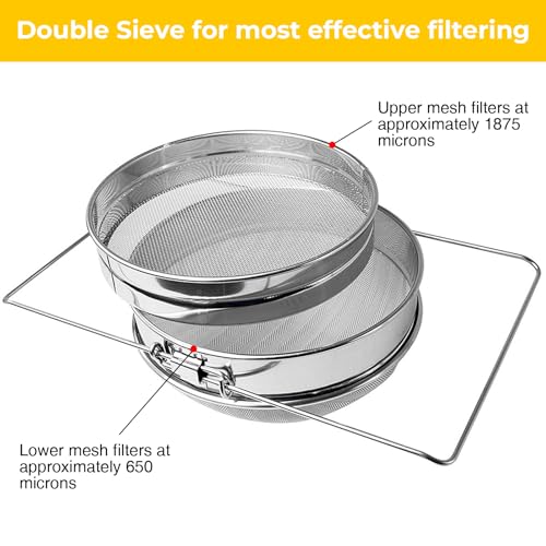 Stainless Steel Honey Strainer, Double Sieve for 5 Gallon Bucket, Beekeeping Equipment with Extendable Arms, Honey Debris Filter