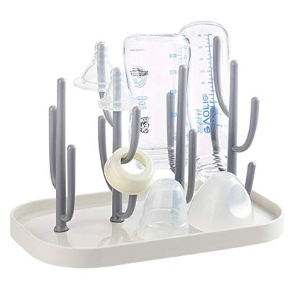 Baby Bottle Drying Rack with Base, Creative Tree Branch Baby Bottle Dryer Holder for Bottles, Teats, Cups, Pump Parts and Accessories (Gray)