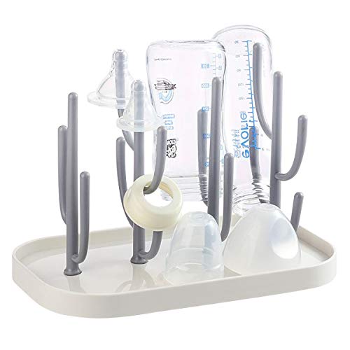 Baby Bottle Drying Rack with Base, Creative Tree Branch Baby Bottle Dryer Holder for Bottles, Teats, Cups, Pump Parts and Accessories (Gray)