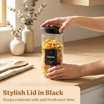 EDELHAUS Glass Storage Containers with Black Lids [Extra Thick Glas] with 54 Labels - Canister For Pantry Noodles Flour Cereal Rice Sugar Tea Coffee Beans - Round Set of 5x - color: 5 Pack - Black Lids