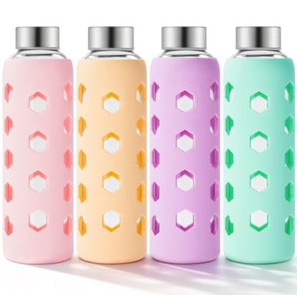 Mrsdry Glass Juice Bottles with Lids and Silicone Sleeves 18 oz, 4-Pack Reusable Clear Glass Water Bottles with Stainless Steel Airtight Cap for Juicing, Refrigerator, BPA Free Leak-Proof Drinking Jar - color: Mint