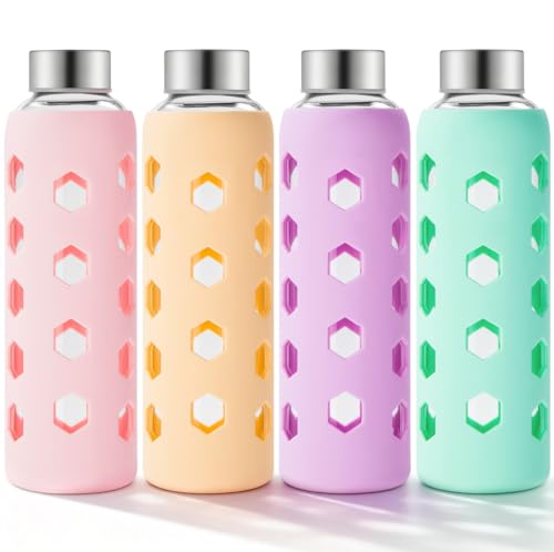 Mrsdry Glass Juice Bottles with Lids and Silicone Sleeves 18 oz, 4-Pack Reusable Clear Glass Water Bottles with Stainless Steel Airtight Cap for Juicing, Refrigerator, BPA Free Leak-Proof Drinking Jar - color: Mint