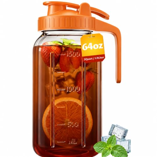 Glass Pitcher with Airtight Lid and Spout, 64oz Mason Jar Pitcher - Wide Mouth, Leakproof Water Jug for Juice, Sun Iced Tea, Cold Brew Coffee, Milk Storage, Orange - color: Orange, size: 64 Ounces