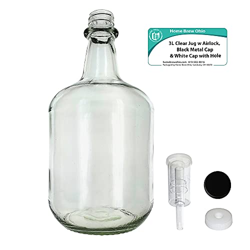 Home Brew Ohio 3L Jug Flint - White Cap with Hole, Econo Three-Piece Airlock, and Black Metal Cap