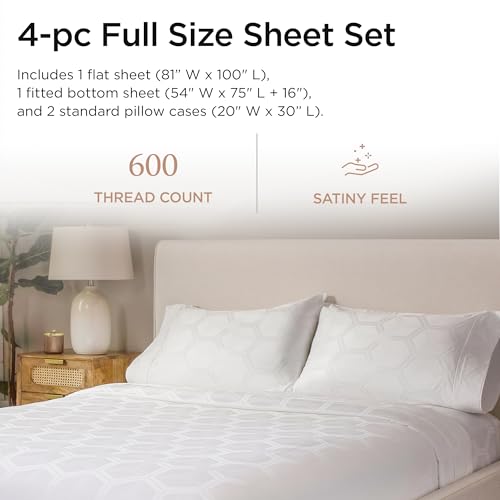 Threadmill 100% Cotton Sheets for Full Size Bed - 600 Thread Count Full Bed Sheets Set with 16” Deep Pocket - Jacquard Sateen Weave 4-Piece Bedding Set with Cooling Effect, White - color: Hotel White Olivia, size: Full