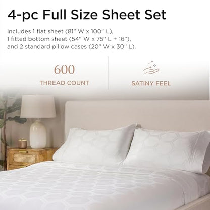 Threadmill 100% Cotton Sheets for Full Size Bed - 600 Thread Count Full Bed Sheets Set with 16” Deep Pocket - Jacquard Sateen Weave 4-Piece Bedding Set with Cooling Effect, White - color: Hotel White Olivia, size: Full