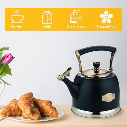 Tea Kettle Stainless Steel Teapot, Stainless Steel Teakettle for Stove Top with Heat Proof Ergonomic Handle 3.0 Quart - color: Black, size: 3 Quarts