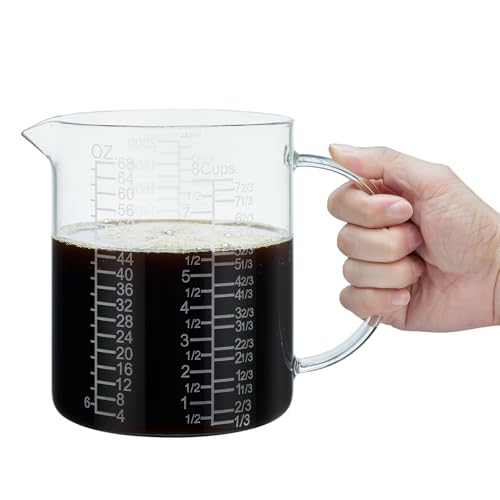 Ackers BORO3.3 Borosilicate Glass Measuring Cup with Insulated Handle, V-Shaped Spout, Clear, 2000ml/64oz Capacity, Etched Graduation, Easy to Read - size: 2000 ML (64 Oz, 8 Cup) - Etched Graduated