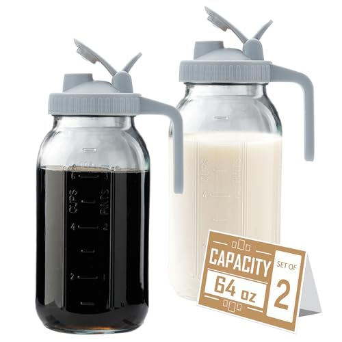 64oz Glass Pitcher with Lid - 2 Quart Mason Jar Pitcher with Spout, Leak-proof Milk Container for Refrigerator, Easy to Clean Wide Mouth Water Jug, Juice, Tea, Iced Coffee, Beverage and Drinks - color: Gray, size: 2 Quart