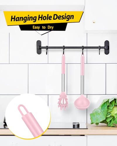 Silicone Pasta Fork and Ladle Spoon Set, Large Non Stick Kitchen Utensils for Cooking,Stirring,Serving Spaghetti, Soup, Sauce (PINK) - color: Pink