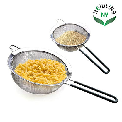 Premium Double Stainless Steel Fine Mesh Strainers with Soft-touch Anti-slip Silicone-coated Handle 2 pcs Set