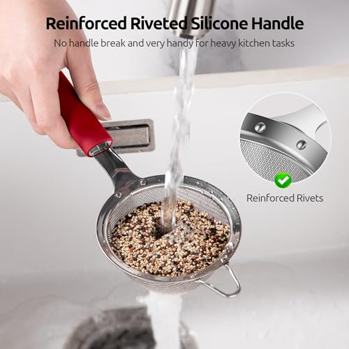U-Taste Small Fine Mesh Strainer: 18/8 Stainless Steel 3.35in 30 Mesh Kitchen Food Sieve with Sturdy Riveted Silicone Handle, Heavy Duty Deep Handheld Metal Colander for Tea, Juice (Red) - color: (4) Red, size: S-3.35in