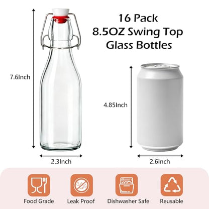 KEYWING 16 Pack 8.5oz Swing Top Glass Bottles with Airtight Lids, Flip Top Glass Bottles for Vanilla Extract, Limoncello, Syrup, Kombucha, Oil, Vinegar and Home Brewing - size: 8.5oz 16 pack