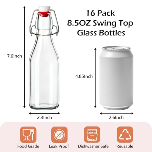 KEYWING 16 Pack 8.5oz Swing Top Glass Bottles with Airtight Lids, Flip Top Glass Bottles for Vanilla Extract, Limoncello, Syrup, Kombucha, Oil, Vinegar and Home Brewing - size: 8.5oz 16 pack