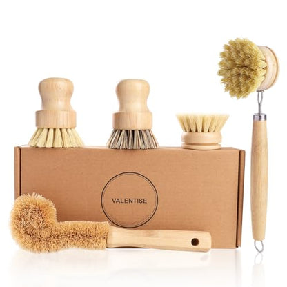 Bamboo Dish Brush Set - 5 Packs Natural Wooden Kitchen Brush, 4 Dish Scrubbers with One Replacement Head, Cleaning for Pots, Bottles and Vegetables