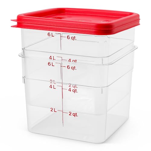 Cambro Food Storage Container with Lid - 6 QT (Quart) Square, Classic Series with Red Lid, Commercial Grade for Food Prep, Clear, 2 Pack - size: 6 QT + Lid