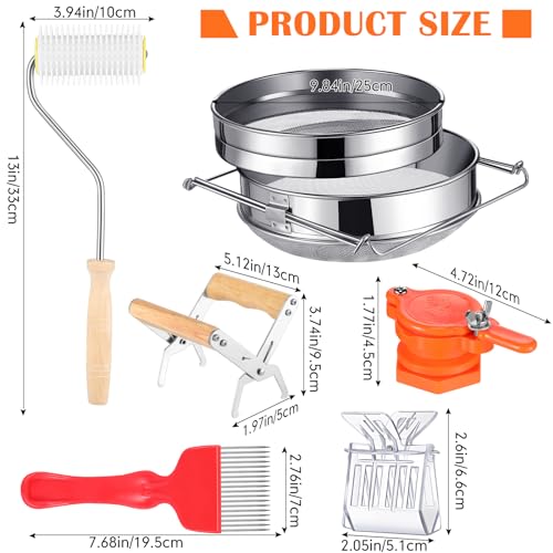 Tandefio 6 Pcs Honey Harvesting Honey Extractor Kit Include Stainless Steel Honey Strainer, Frame Grip, Uncapping Fork, Uncapping Needle Roller, Honey Gate, Queen Catcher, Bee Supplies and Equipment