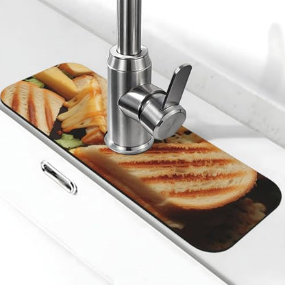 Cheese Sandwiches Splash Guard Mat For Kitchen Sink, Super Absorbent Fast Drying Faucet Mat Draining Mat Sink Gadgets Behind Faucet Sinkmat For Kitchen And Bathroom 15"X5.5"