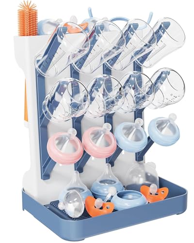 Baby Bottle Drying Rack, Space Saving Vertical Bottle Rack Dryer (Blue) | Bottle Drying Rack Countertop Organizer with Brush Holder for Bottles & Baby Accessories Pacifiers and Pump Part- BPA-Free