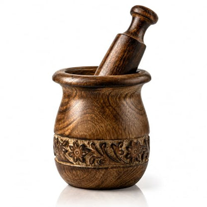 Handmade Wooden Mortar & Pestle Set Natural Rustic Style Herb Spice Grinder Masala Mixer Manual Kharal Mashing Bowl Seasonings Pill Crusher Kitchen Utensils Birthday Housewarming Gift Ideas