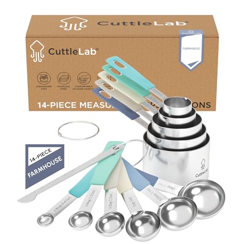 CuttleLab Measuring Cups and Measuring Spoons Set of 14 - Stainless Steel Measuring Cups and Spoons Set, Includes 1/8 Teaspoon Measuring Spoon, 1/8 Cup Measuring Cup, Leveler Dry (14, Farmhouse) - color: Farmhouse