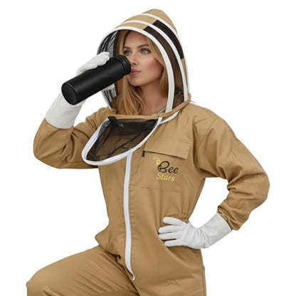 Bee Suit with Fencing Veil One Pair Gloves Polycotton Sting Proof Beekeeping Suit for Beekeeper - color: Khaki, size: Medium