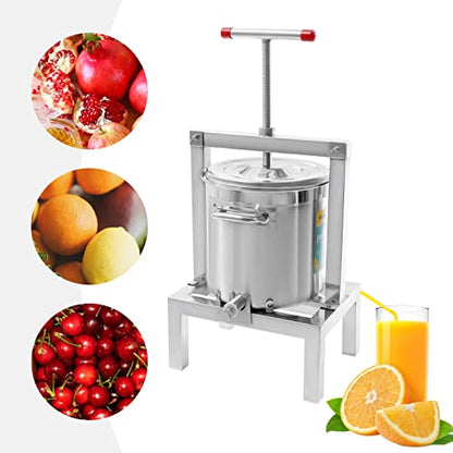 2.6gal/10L Manual Fruit Juicer Grape with T-shape Handle, DIY Large Fruit Honey Presser and Cider, Wine, Grape, Apple Press Extractor for Wine and Juice Making with Stainless Steel Bucket