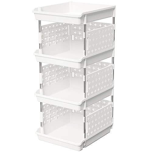Lifewit Plastic Stackable Storage Baskets, 4 Tier Stacking Bins for Food and Clothes, Multifunctional Organizer for RV, Kitchen, Playroom, Pantry and Bathroom, 13.8"D x 11.8"W x 28.3"H, 1 Pack, White - color: White, size: 4 Tier-1 Pack
