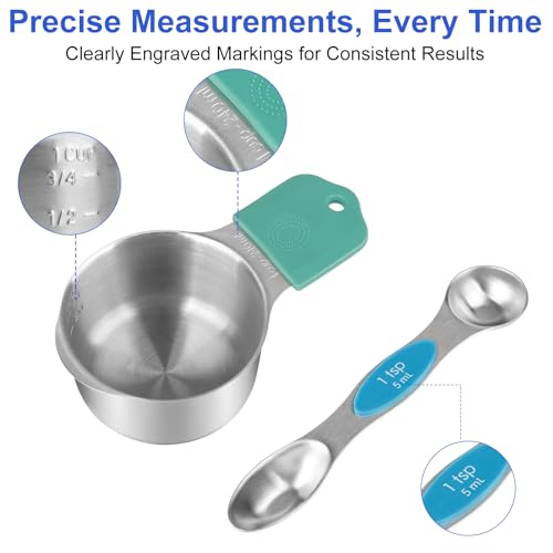 Magnetic Measuring Cups & Spoons Set, Patented, Strong N45 Magnets, Heavy Duty Stainless Steel Fits in Spice Jars for Baking & Cooking, Round Set of 15 with Leveler Colorful - color: Colorful