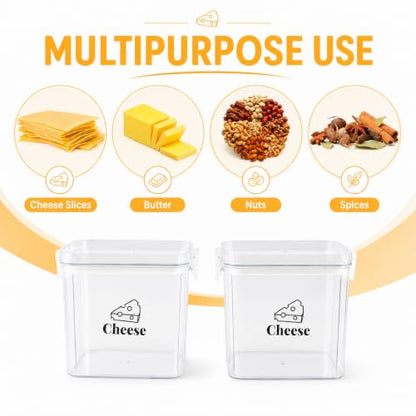 2 Pack Cheese Container for Refrigerator Airtight Creamer Container with and Lid Cream Cheese Sliced Cheese Box Cheese Saver for Fridge Keeper Cream Block Shredded Cheese Storage Box Clear